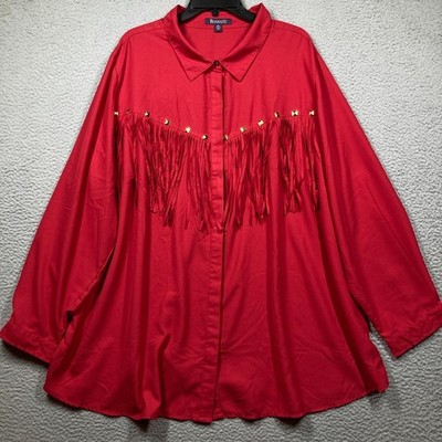 Roaman's Western Top Womens Plus 28W Red Cowgirl Fringe Button Up Flowy Shirt