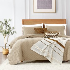 Beige King Size Quilt Bedding Sets with Pillow Shams, Lightweight Soft Bedspread