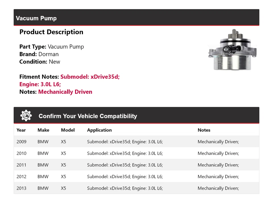 Bomba de vácuo Dorman 2010 2011 2012 para 2009-2013 BMW X5 xDrive35d 3.0L L6 - Imagem 2 de 4
