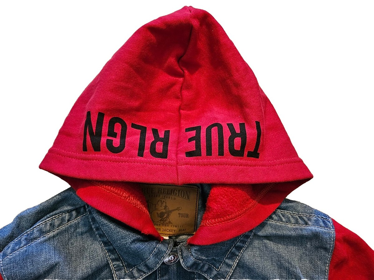 True Religion Jacket Men Small Denim Jean Trucker Red Hoodie 