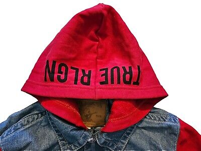 True Religion Jacket Men Small Denim Jean Trucker Red Hoodie True Religion Jacket Men Small Denim Jean Trucker Red Hoodie