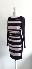Coast Knitted Dress UK 8 Black Cream Mono Striped Bodycon Long Sleeve Short