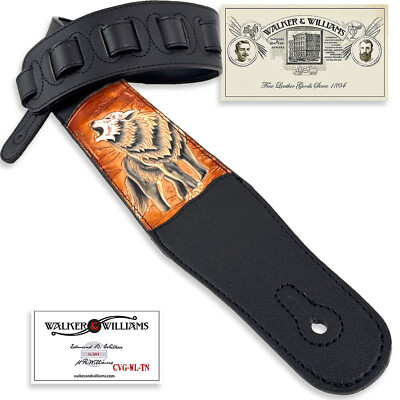 Walker & Williams CVG-WL-T Black Leather Padded Guitar Strap & Tan Howling Wolf