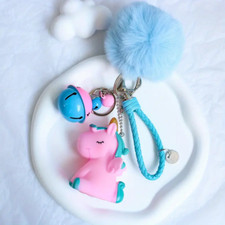Cute Fur Ball Pom Pom Keychain With Unicorn Bells Keyring For Women's Bag Wallet