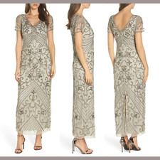 NWT 238 Pisarro Nights 10 Beaded Longline Gown in Silver F494