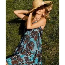 Anthropologie Deja Plisse Floral Teal Tassel Swing Tank Dress Size Small