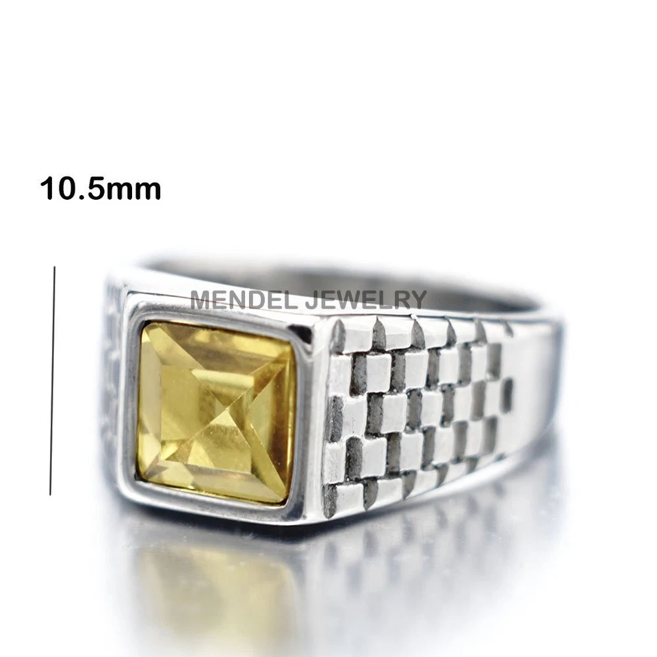 Anillo de piedra citrino amarillo cuadrado sintético para hombre de acero inoxidable talla 7-12 fiesta Foto 4 de 4