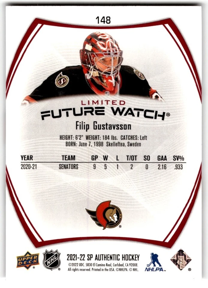 Filip Gustavsson 2021-22 SP Authentic Limited Red Future Watch Rookie #148 - Image 2 of 2