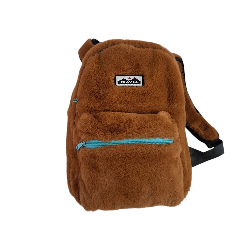 Kavu Fuzz Cub Brown Fuzzy Teddy Small Backpack Bag 2 Pocket Super Soft Polyester - Image 2 of 4