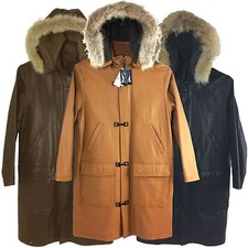 Sean John Men Lamb Skin Leather Long Coat  With Hood and Fur 