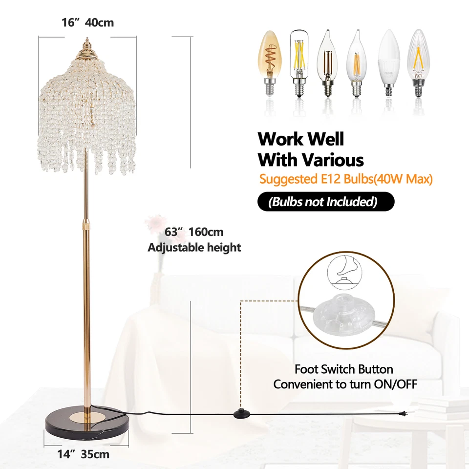Crystal Floor Lamp Modern 63" Tall Gold Vintage LED Living Room Standing Lamp - Image 4 of 4