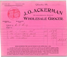 1901 J.O. Ackerman Wholesale Grocer Scranton PA Billhead 7"H