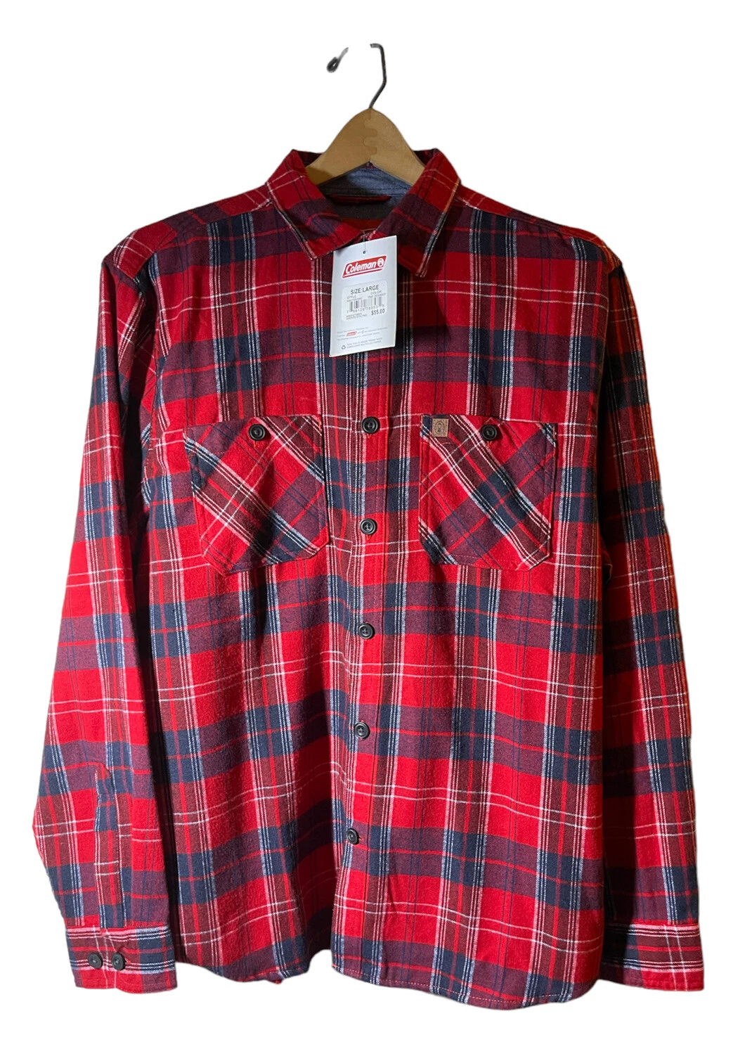 Coleman Mens Shirt Jacket Flannel Red Navy Plaid Adult Size L MSRP: $55