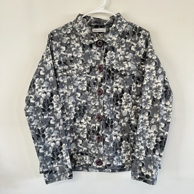 Womens Keren Hart Dressy Button Up Denim Jacket Floral Blue White Medium Stretch