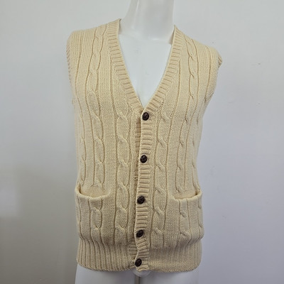 VTG 70s 80s 100% Wool Cable Knit V-Neck Sweater Vest Forecast Tag L Fits M Ivory