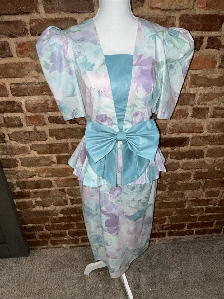 Vestido Leslie Lucks Vintage Años 80 Pastel Floral GRANDE Aqua Bow Mangas Abullonadas Talla 10 Foto 2 de 4