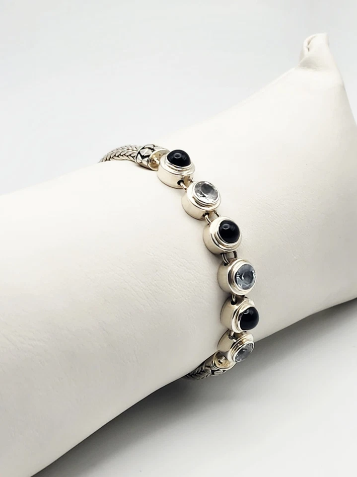 Brazalete de cadena tejida amatista ónix negro topacio azul plata de ley 7,75" Foto 3 de 4