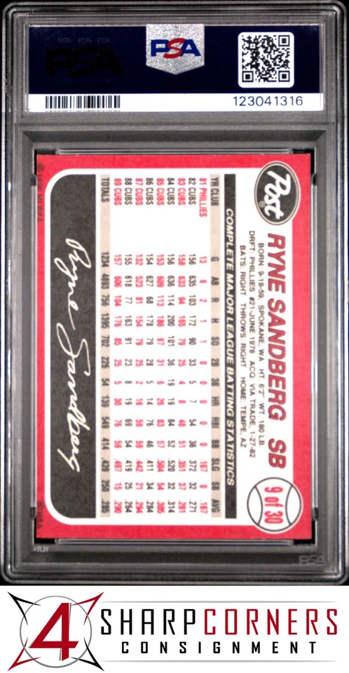 1990 POST CEREAL #9 RYNE SANDBERG CUBS HOF PSA 8 - Image 2 of 3