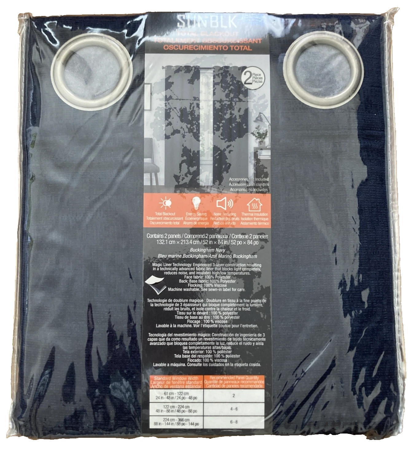 New SUNBLK Total Blackout Curtain 2-Panel Navy Blue Size 52"x84"