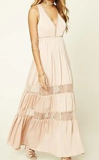 Forever 21 Taupe Tan Nude V Neck Lace Multi Tier Maxi Prairie Flowy Dress Sun Sm