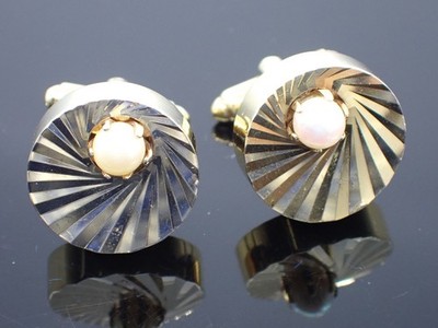 Vintage DANTE Gold Tone Cufflinks Carved Radial Design w/ Pearl Centers