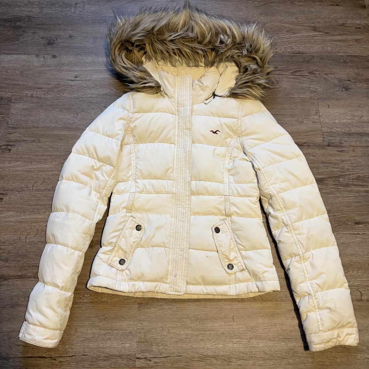 Hollister ホリスター　パーカー　ファー　ファージャケット　y2k Hollister Y2K White Puffer Jacket Fur Hood Size Medium Womens | eBay