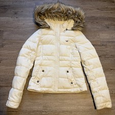 Hollister Y2K White Puffer Jacket Fur Hood Size Medium Womens