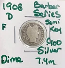 1908-D Barber Dime 10c Liberty Head .900 Silver US Coin - Semi Key - 7.4m