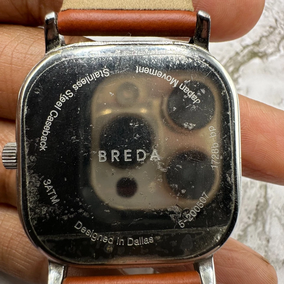 Breda Visser Watch Men Silver Tone Square Dial 36MM Leather Band New Battery - Image 3 of 4