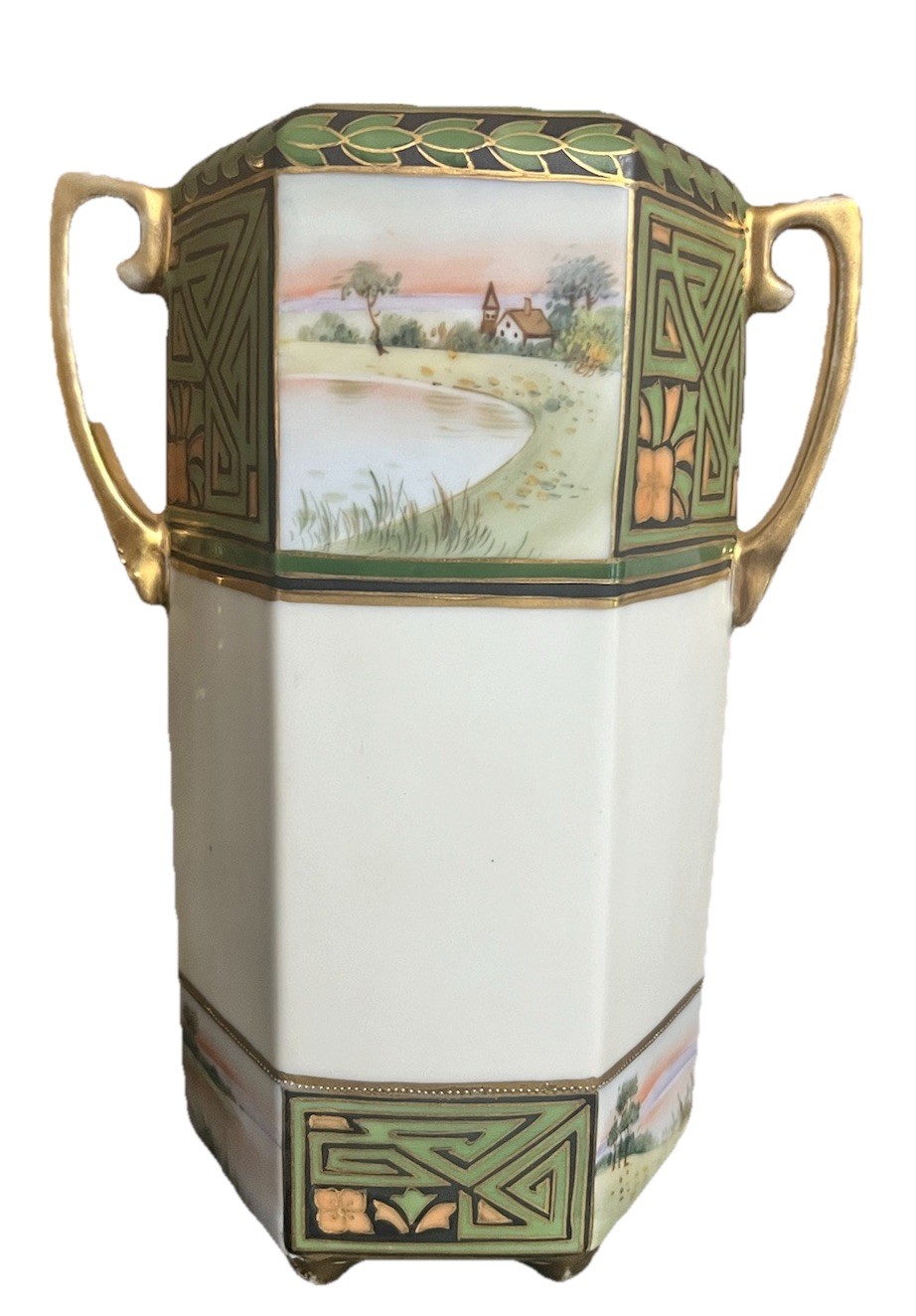 Nippon Two Handled Hexagonal Hand-painted Porcelain Vase Circa 1920s