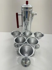 Cherry Bakelite Vintage/MCM Cocktail Shaker /Mixer And 6 Stainless Steel Glasses