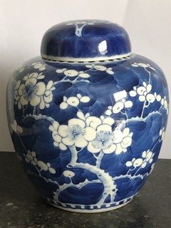 STUNNING ANTIQUE CHINESE KANGXI PORCELAIN PRUNUS LIDDED JAR