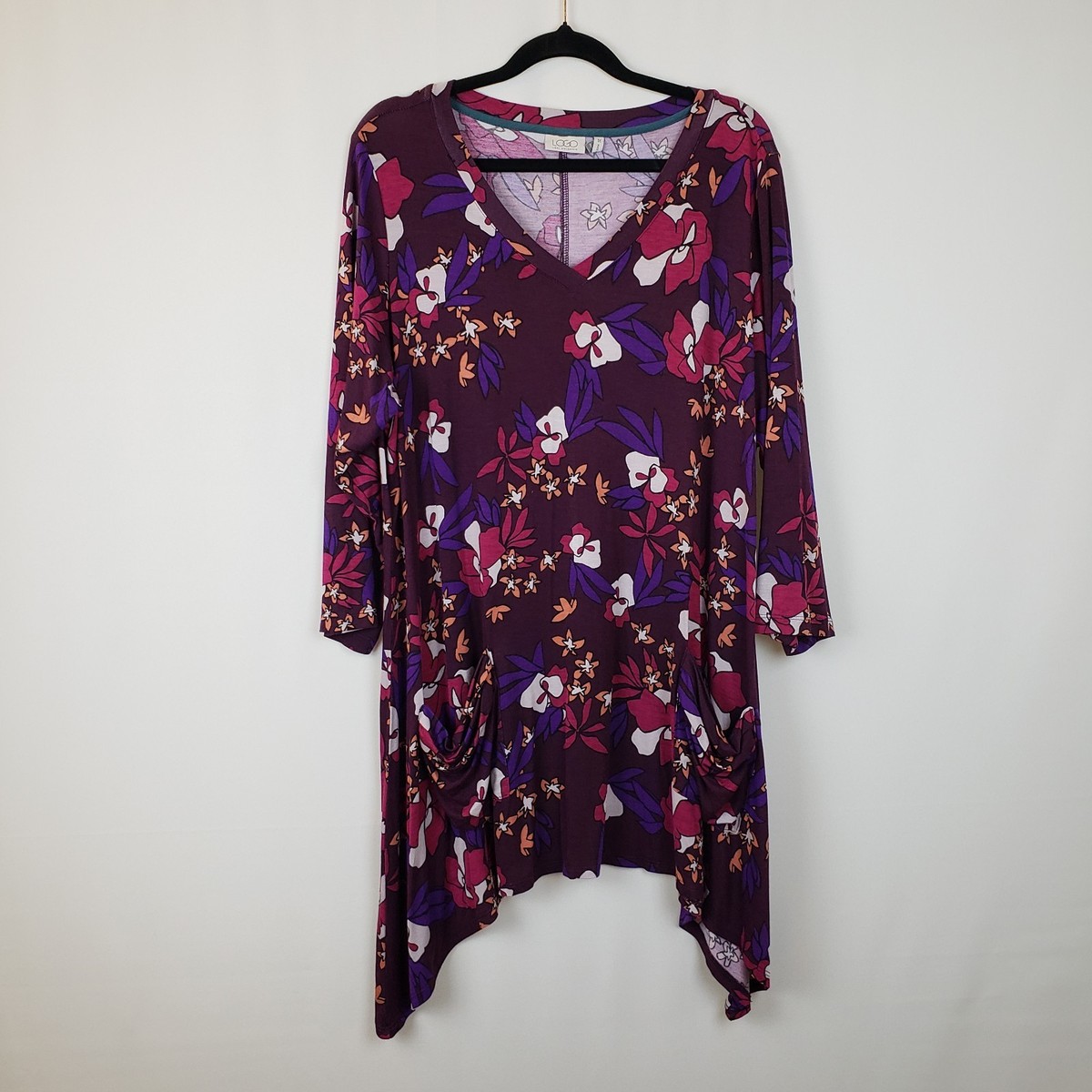 即日発送可5/4購入Mary logo knit tops Logo Lori Goldstein Top 1X Tunic 3/4 Sleeves Pockets Colorful
