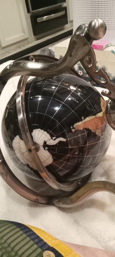 Collector Edition! 14" Black Pearl Swirl Gemstone globe w/ Tripod Zinc Alloy Std - Picture 8 of 24