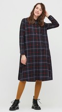 Uniqlo Flannel A-Line Flannel Shirt Pocketed Navy Maroon Plaid Dresses Sz s 