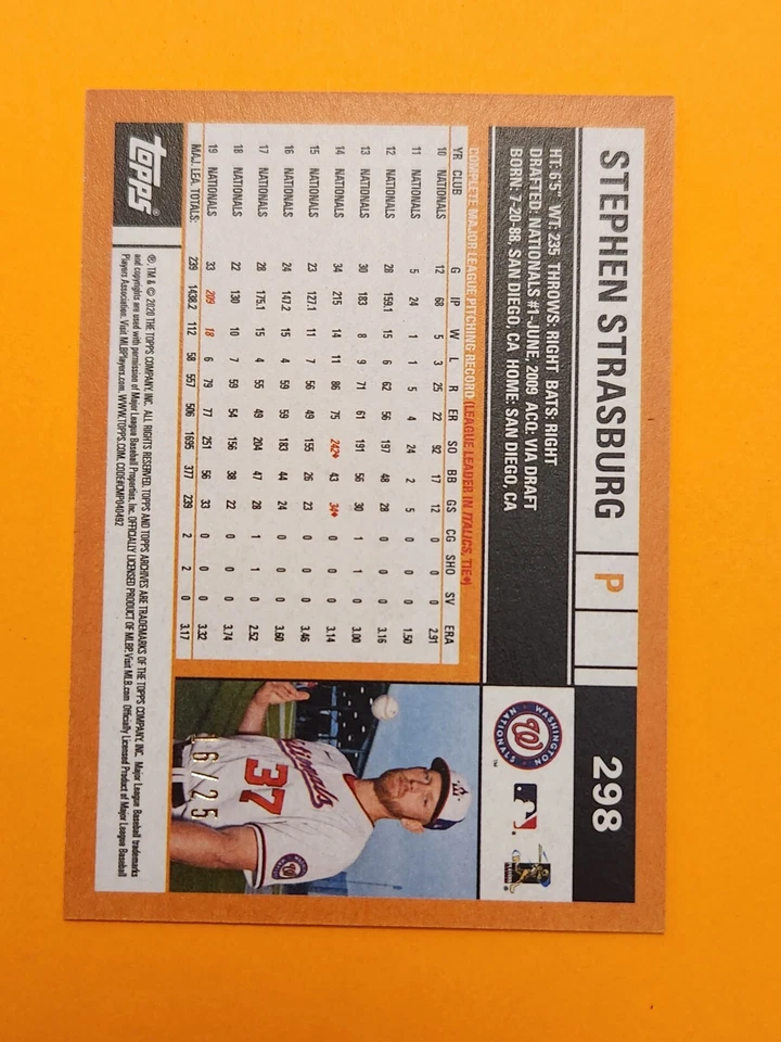 Stephen Strasburg Blue Shortprint card 2020 Topps Archives /25 mlb baseball 298 - Image 2 of 2
