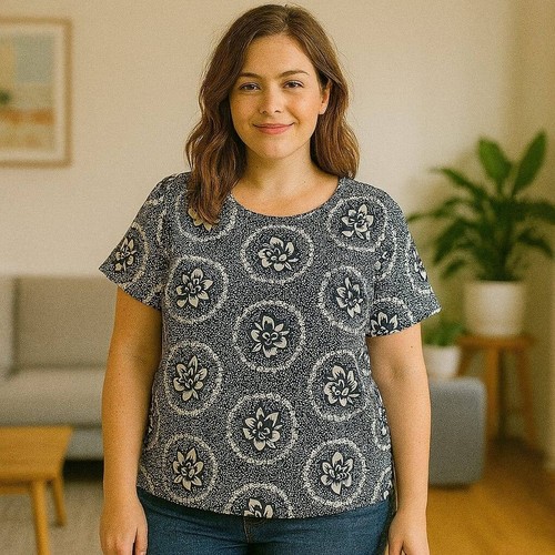 LOFT Navy Blue Floral Print Short Sleeve Blouse Top Casual Elegant