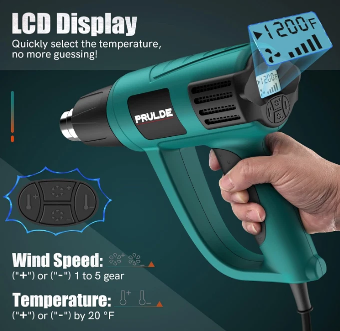 Heat Gun, LCD Display, 5 Air Flows, 120°F-1200°F Temp, 6 Nozzles for Crafting - Image 4 of 4