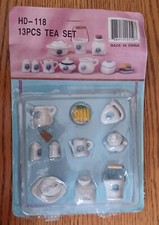 Mini Dollhouse China Tea Set 13 pcs. Vtg. Blue  White Flowers Original Package.