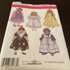 Simplicity 3520 Sewing Pattern 18" Doll Clothes Dresses Bride Gown Zanten