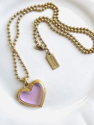 Coach Gold Kugel Kette blassrosa Glas Herz Anhänger Charm Halskette EUc