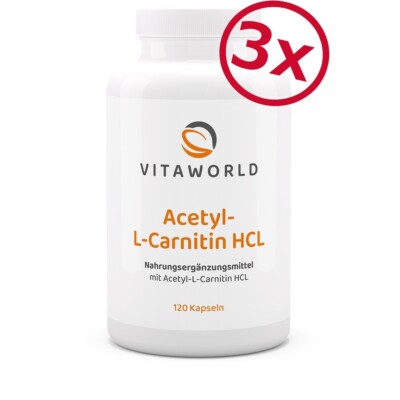 Vita World 3er Pack Acetyl-L-Carnitin HCL 1000mg 360Kaps Vegan Hoch Bioverfügbar