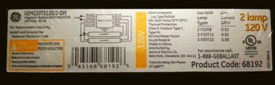 GE Lighting 68192 Magnetic Ballast, GEM220TS120/2-DIY, 2 lamp 120V ballast, 60