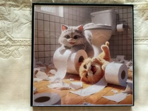 12X12 framed canvas picture of 2 kitties playing with toilet paper