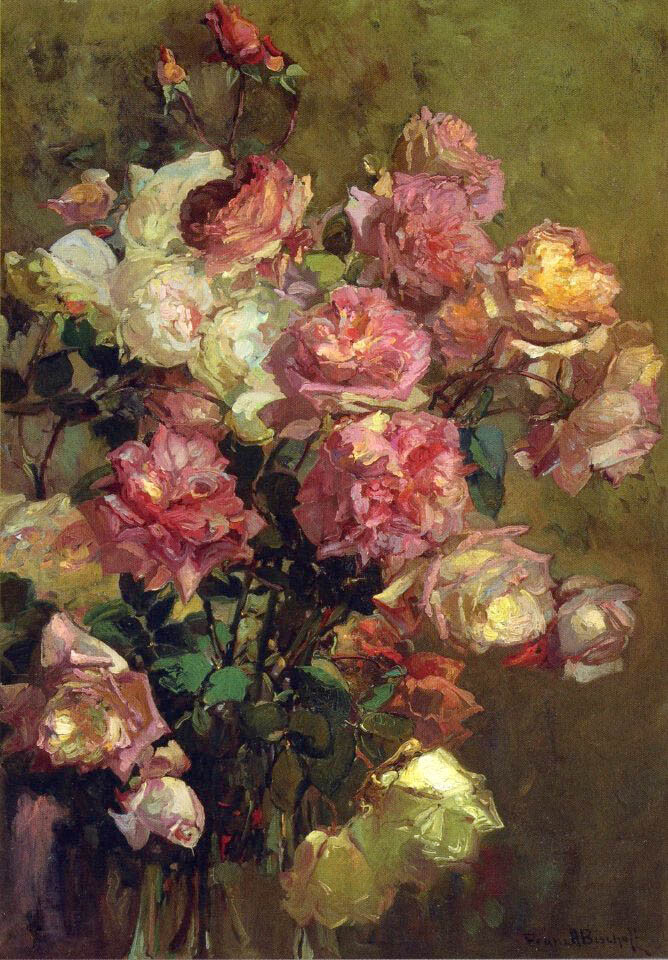 Oil painting still life flowers A-Glass-Vase-full-of-Roses