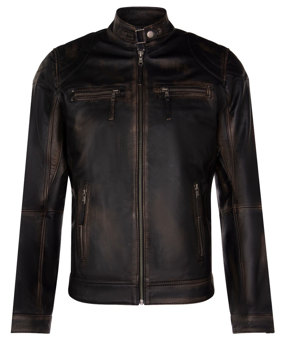Men's Black Leather Biker Jacket Vintage Retro Casual Zipped