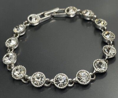 SAQ Women s Tennis Bracelet Silver Tone Metal Faceted White Rhinestone 7.5 