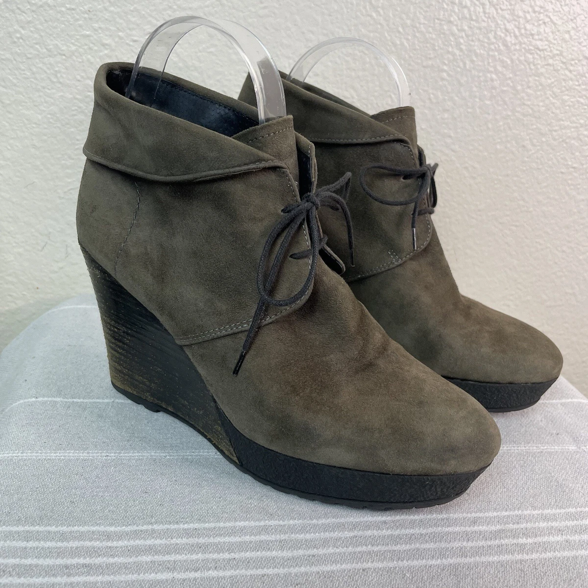 Paola Ferri Alba Moda Lace Up Wedge Booties Boots Suede Leather Gray 8