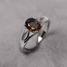 Smoky quartz ring oval cut stone sterling silver solitaire engagement ring for w