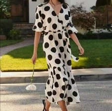 H&M Lyocell Polka Dot Spots Pois Black Cream Wrap Dress MIDI Uk S 8-10 